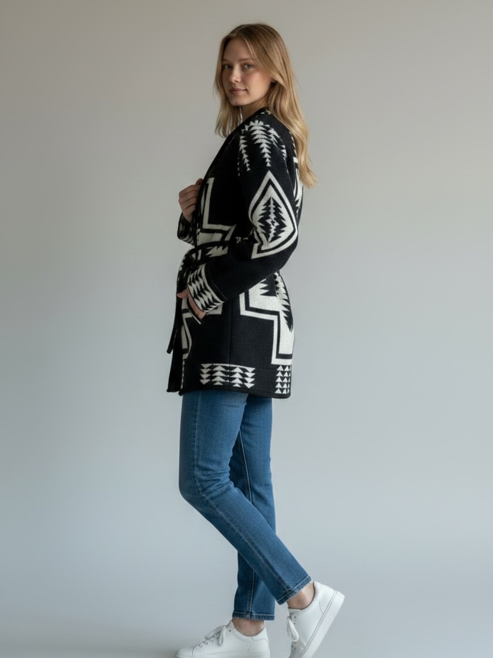 PENDLETON Neskowin Wool Wrap Black & Ivory Geometric Shawl-Collar Belted Jacket - Picture 3 of 7